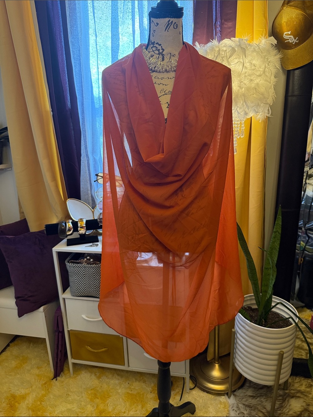 Sheer Rust Orange Drape Scarf Top